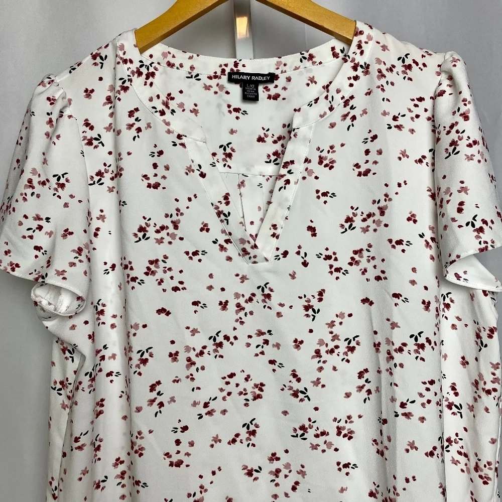 Hillary Radley Womenʻs White Floral Split Neck Short Sleeve Blouse Large